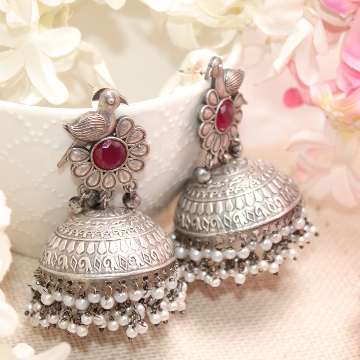 SILVER REPLICA BIRD WITH BIG JHUMKI EARRING- RED -EARRING