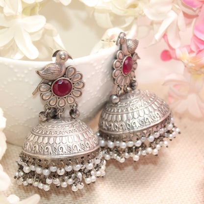 SILVER REPLICA BIRD WITH BIG JHUMKI EARRING- RED -EARRING