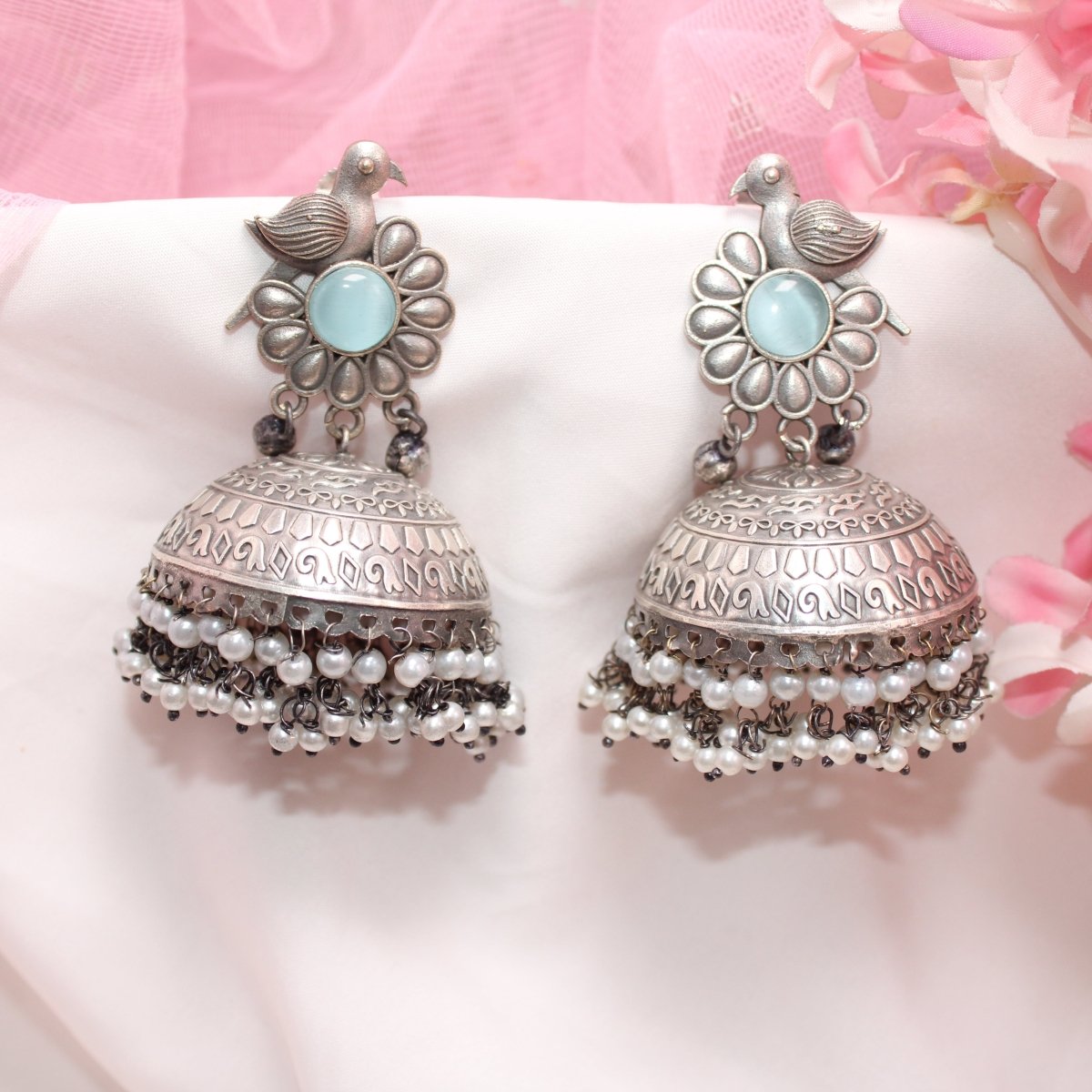 SILVER REPLICA BIRD WITH BIG JHUMKI EARRING- SKY BLUE -EARRING