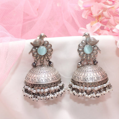 SILVER REPLICA BIRD WITH BIG JHUMKI EARRING- SKY BLUE -EARRING