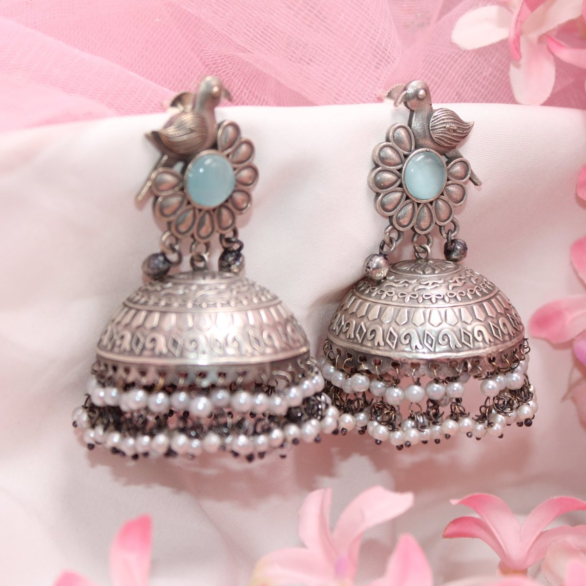 SILVER REPLICA BIRD WITH BIG JHUMKI EARRING- SKY BLUE -EARRING