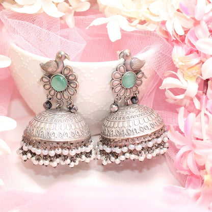 SILVER REPLICA BIRD WITH BIG JHUMKI EARRING- TURQUOISE -EARRING