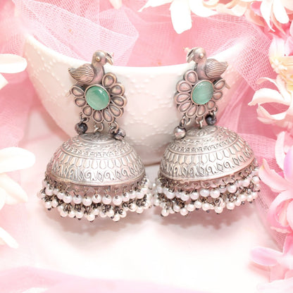 SILVER REPLICA BIRD WITH BIG JHUMKI EARRING- TURQUOISE -EARRING