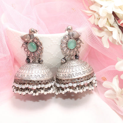 SILVER REPLICA BIRD WITH BIG JHUMKI EARRING- TURQUOISE -EARRING