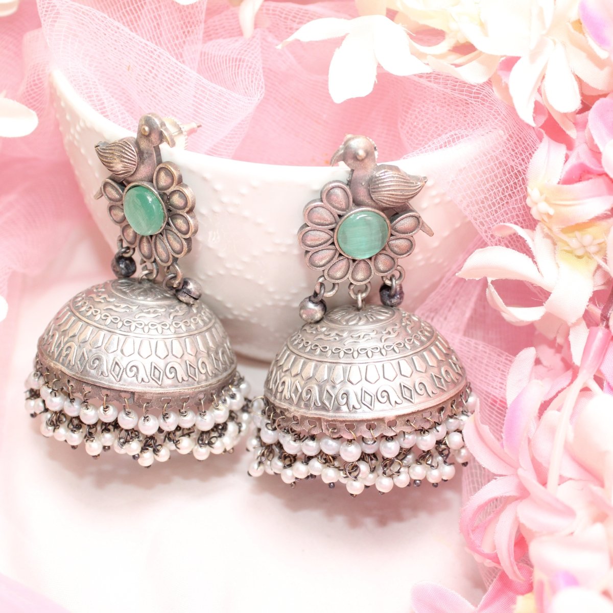 SILVER REPLICA BIRD WITH BIG JHUMKI EARRING- TURQUOISE -EARRING