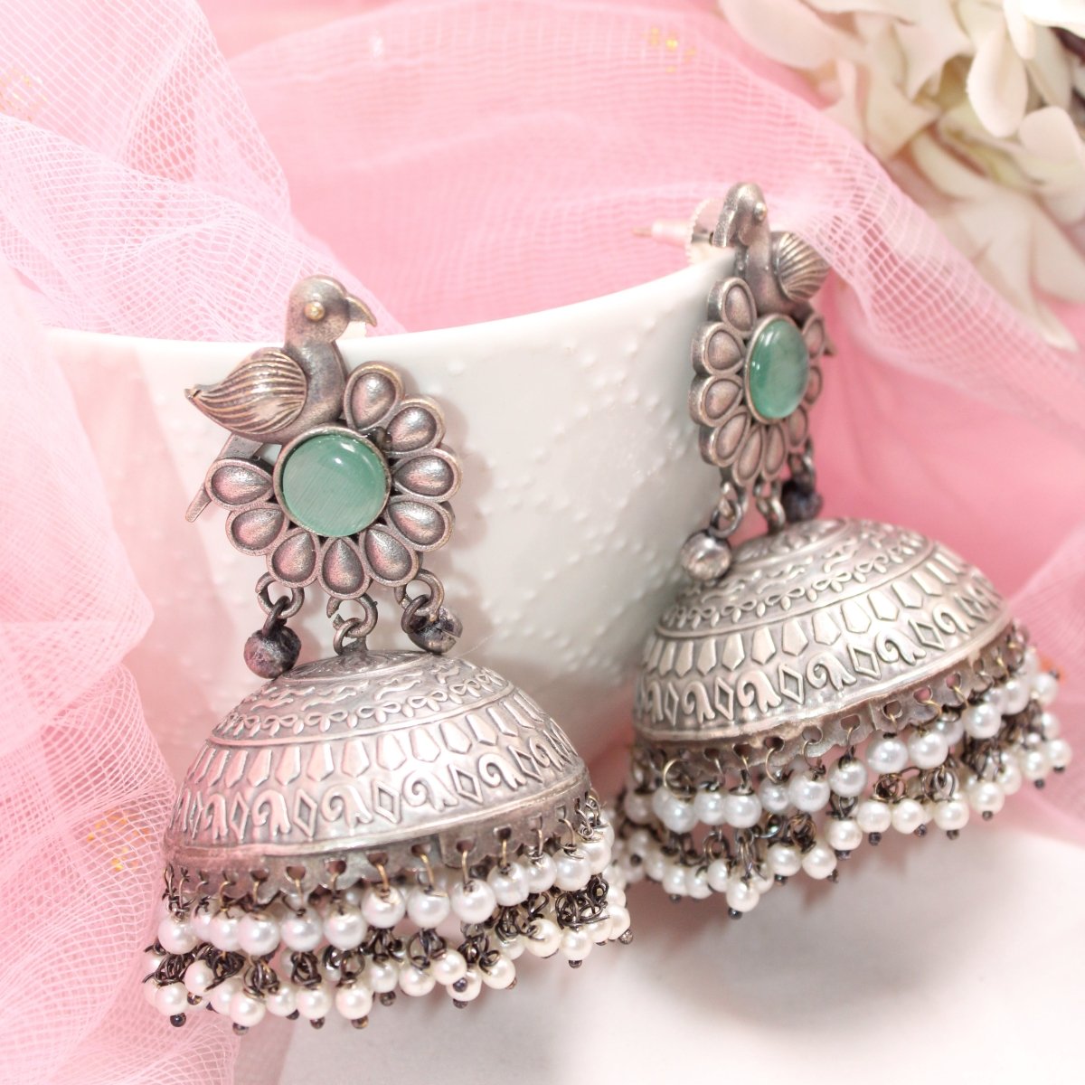 SILVER REPLICA BIRD WITH BIG JHUMKI EARRING- TURQUOISE -EARRING