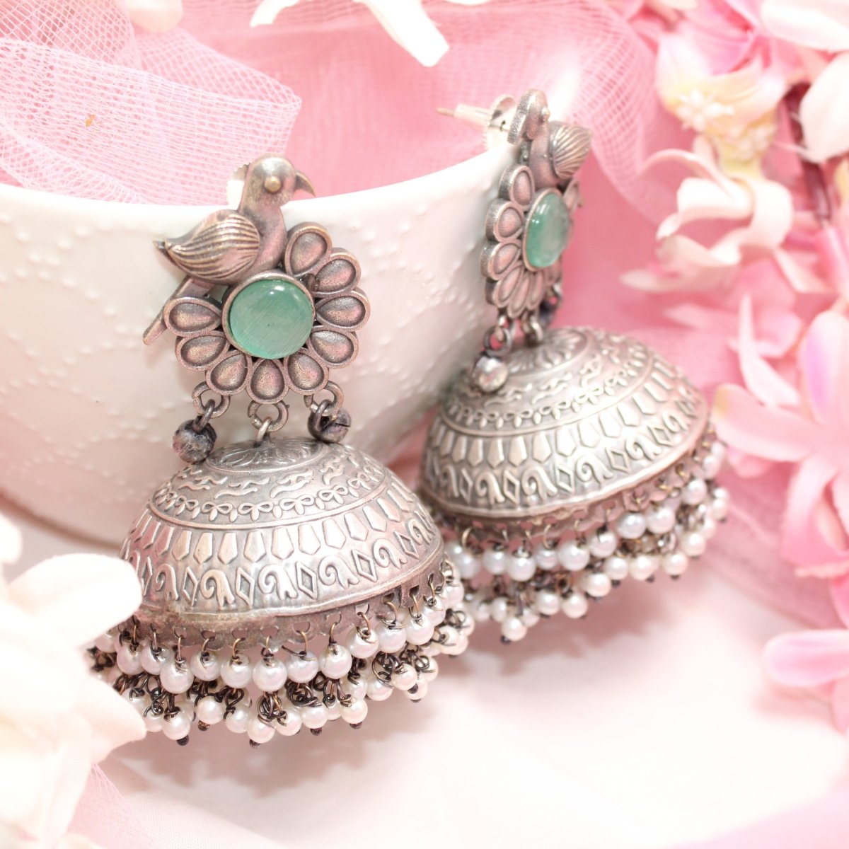 SILVER REPLICA BIRD WITH BIG JHUMKI EARRING- TURQUOISE -EARRING