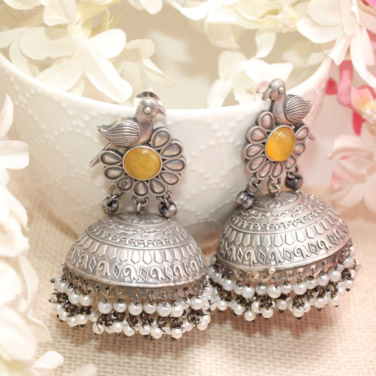 SILVER REPLICA BIRD WITH BIG JHUMKI EARRING- YELLOW -EARRING