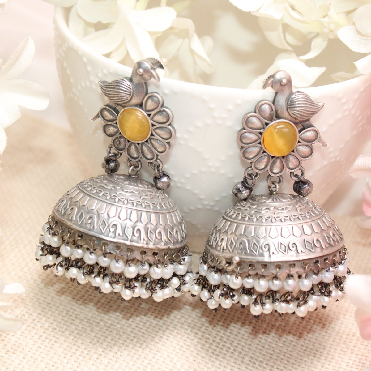 SILVER REPLICA BIRD WITH BIG JHUMKI EARRING- YELLOW -EARRING