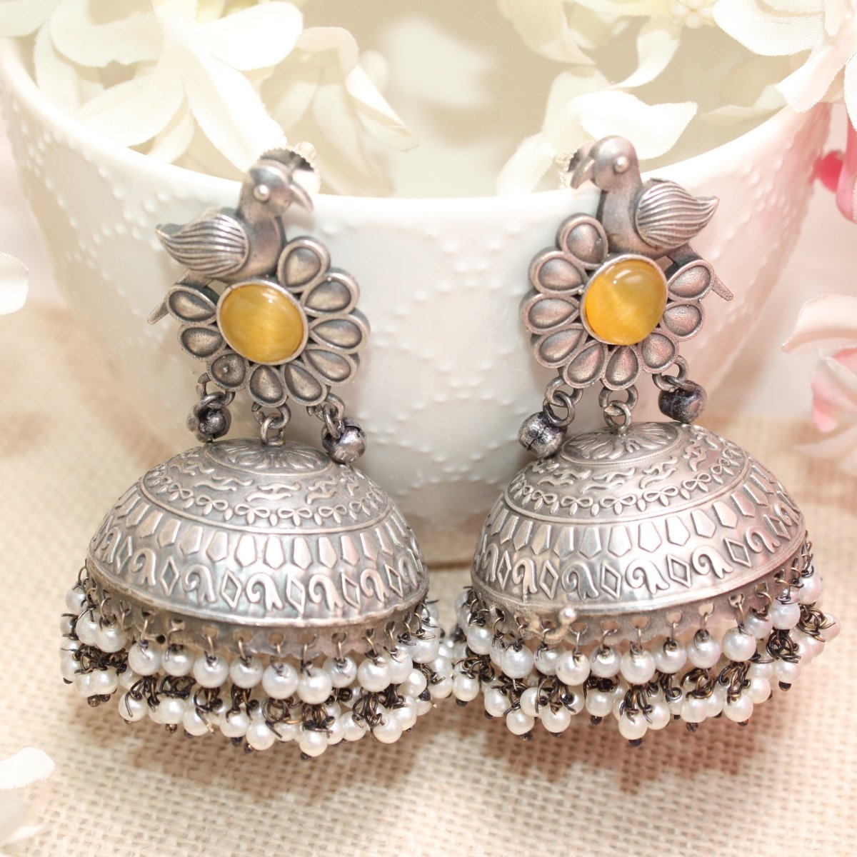 SILVER REPLICA BIRD WITH BIG JHUMKI EARRING- YELLOW -EARRING