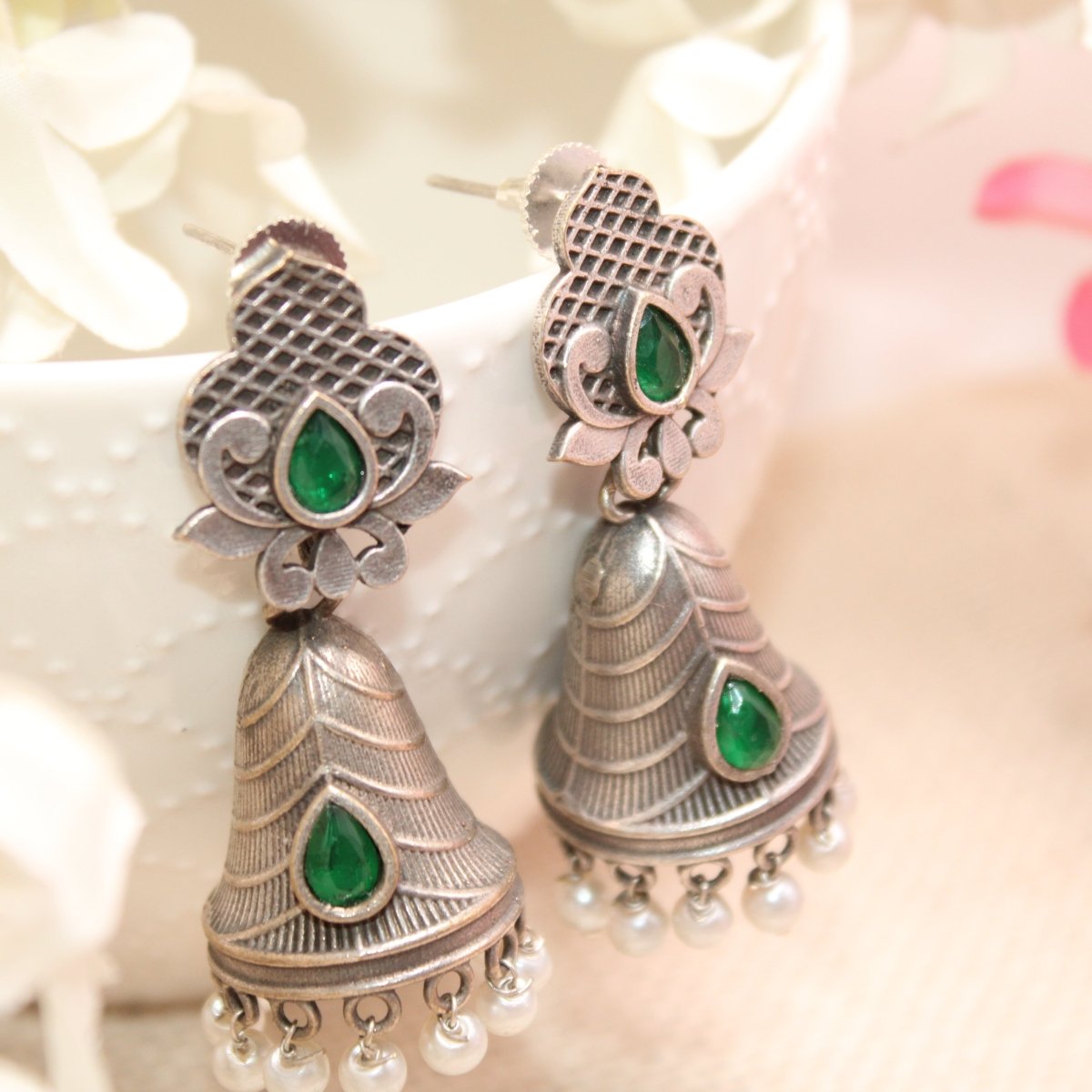 SILVER REPLICA CONE JHUMKI EARRINGS-GREEN -EARRING