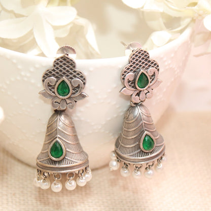 SILVER REPLICA CONE JHUMKI EARRINGS-GREEN -EARRING