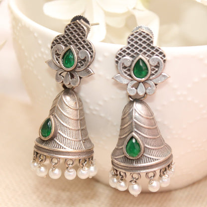 SILVER REPLICA CONE JHUMKI EARRINGS-GREEN -EARRING