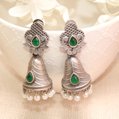 SILVER REPLICA CONE JHUMKI EARRINGS-GREEN -EARRING