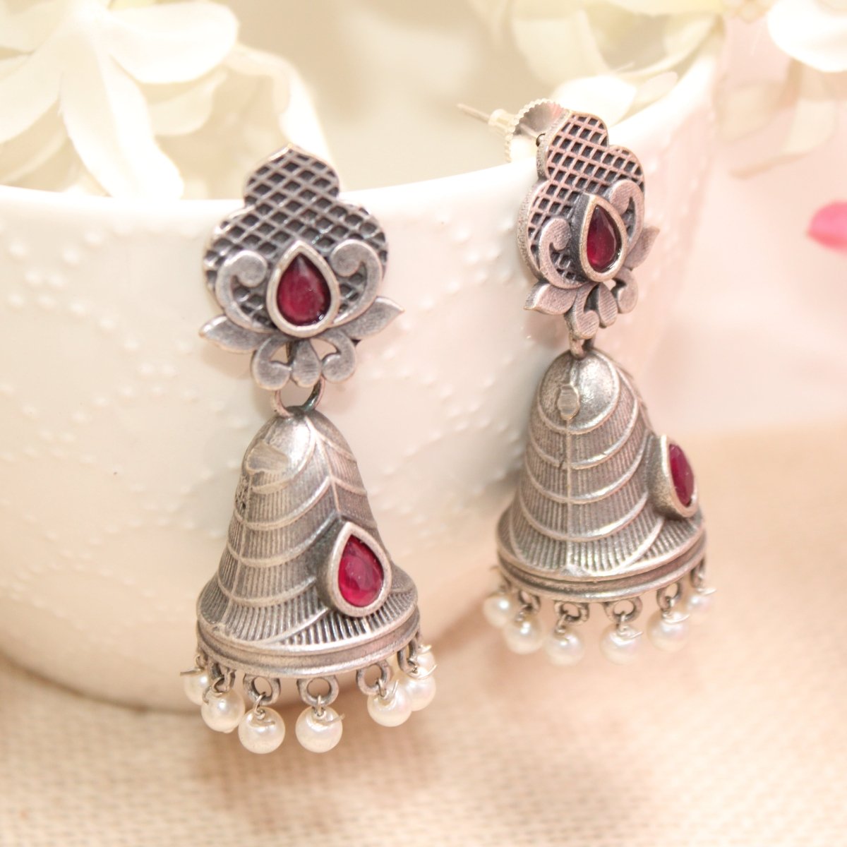 SILVER REPLICA CONE JHUMKI EARRINGS-RED -EARRING