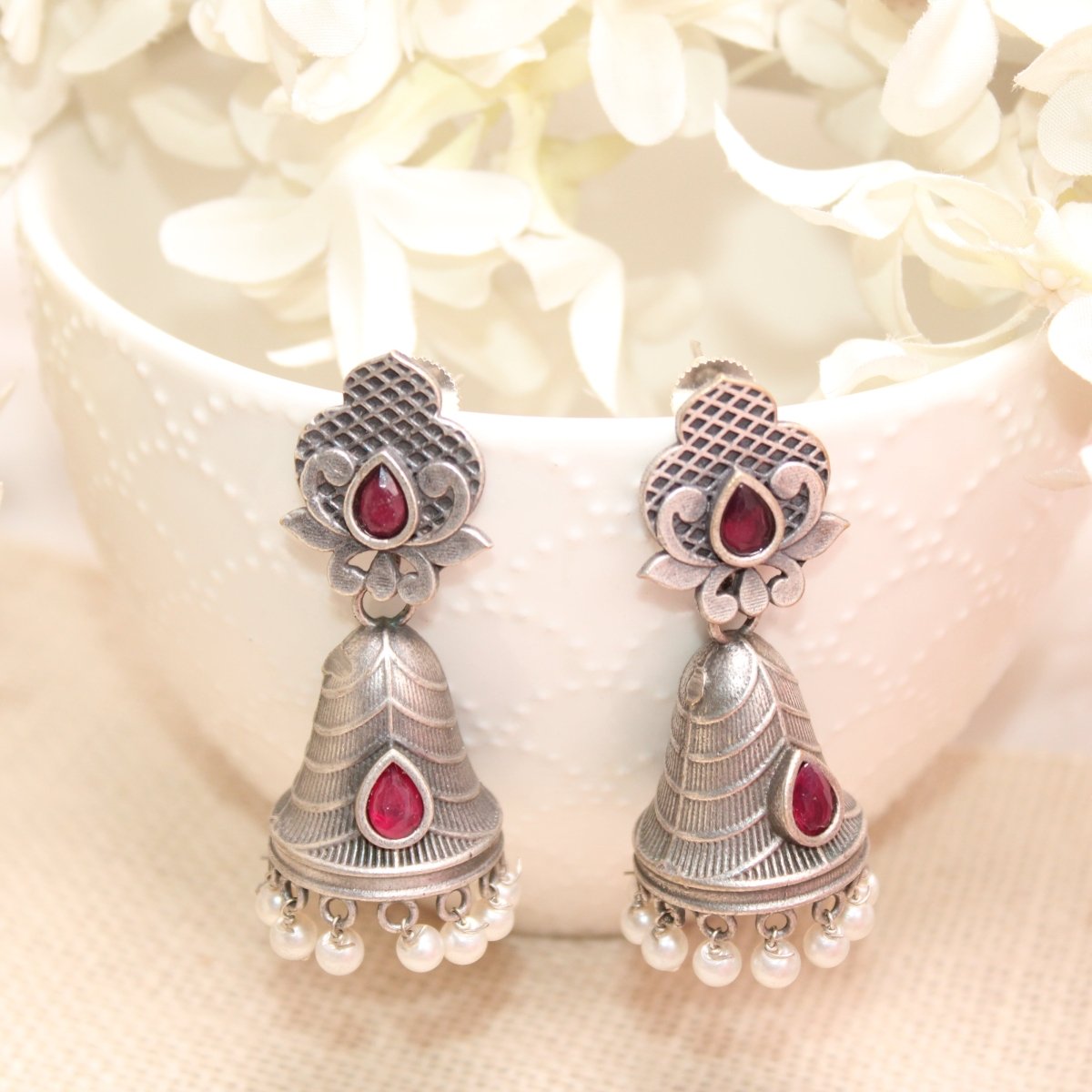 SILVER REPLICA CONE JHUMKI EARRINGS-RED -EARRING