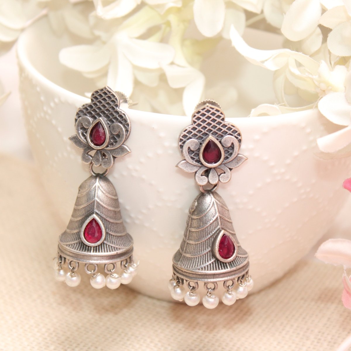 SILVER REPLICA CONE JHUMKI EARRINGS-RED -EARRING