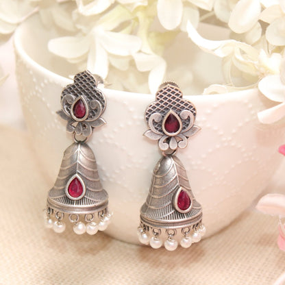 SILVER REPLICA CONE JHUMKI EARRINGS-RED -EARRING