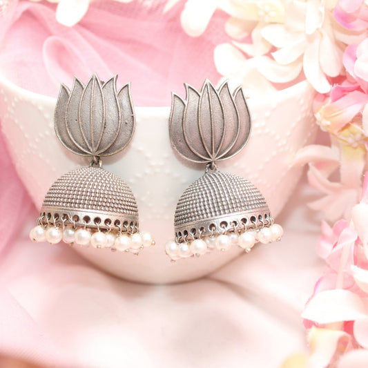 SILVER REPLICA LOTUS JHUMKA -EARRING