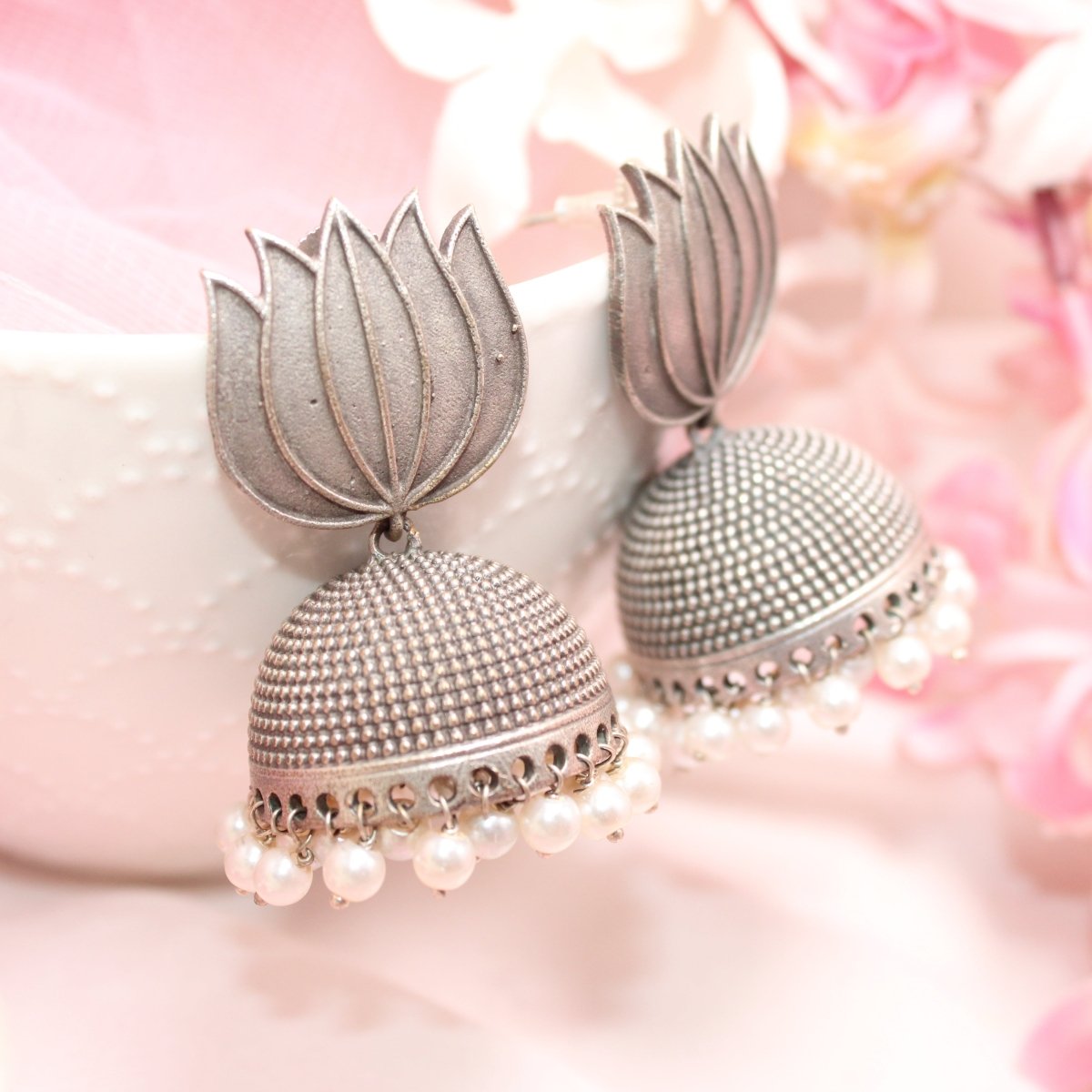 SILVER REPLICA LOTUS JHUMKA -EARRING