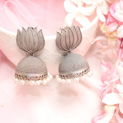 SILVER REPLICA LOTUS JHUMKA -EARRING