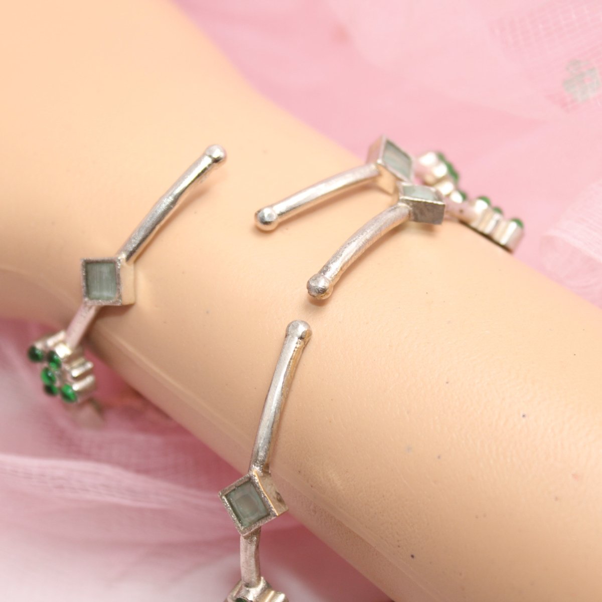 SILVER REPLICA THIN BRACELET-PAIR OF TWO-GREEN -kada