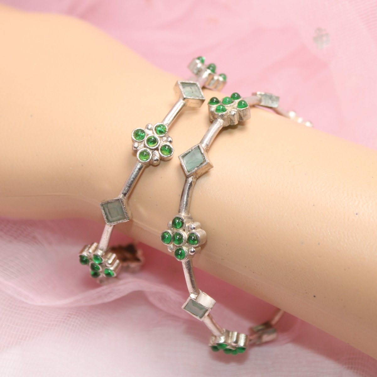 SILVER REPLICA THIN BRACELET-PAIR OF TWO-GREEN -kada