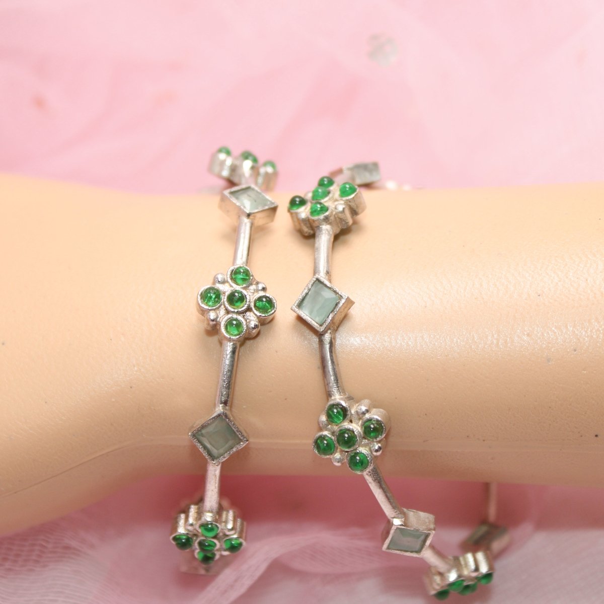 SILVER REPLICA THIN BRACELET-PAIR OF TWO-GREEN -kada