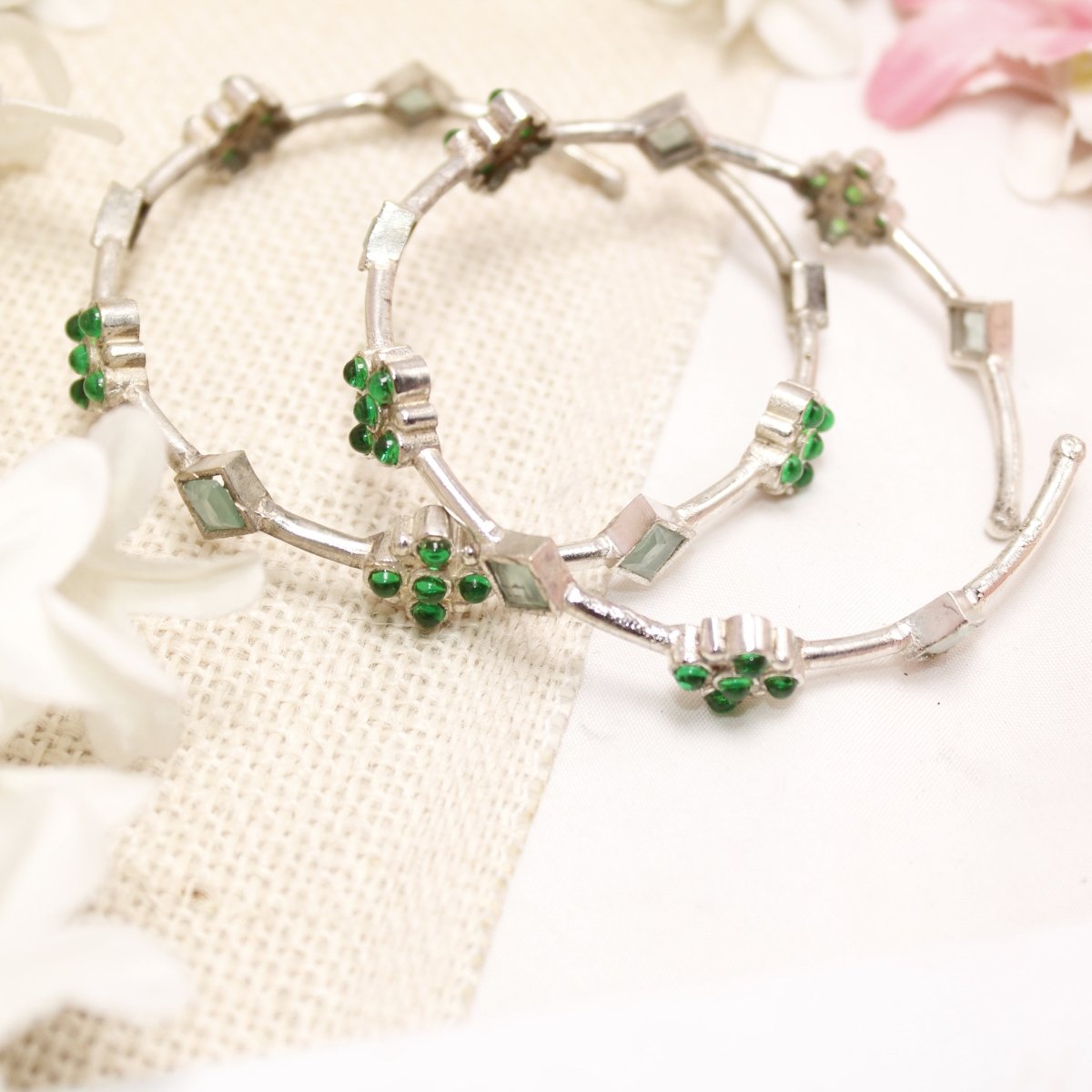 SILVER REPLICA THIN BRACELET-PAIR OF TWO-GREEN -kada