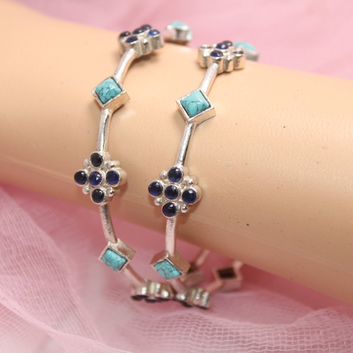 SILVER REPLICA THIN BRACELET-PAIR OF TWO-TURQUOISE -kada