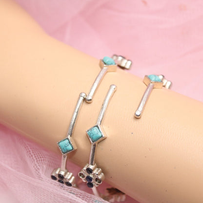 SILVER REPLICA THIN BRACELET-PAIR OF TWO-TURQUOISE -kada