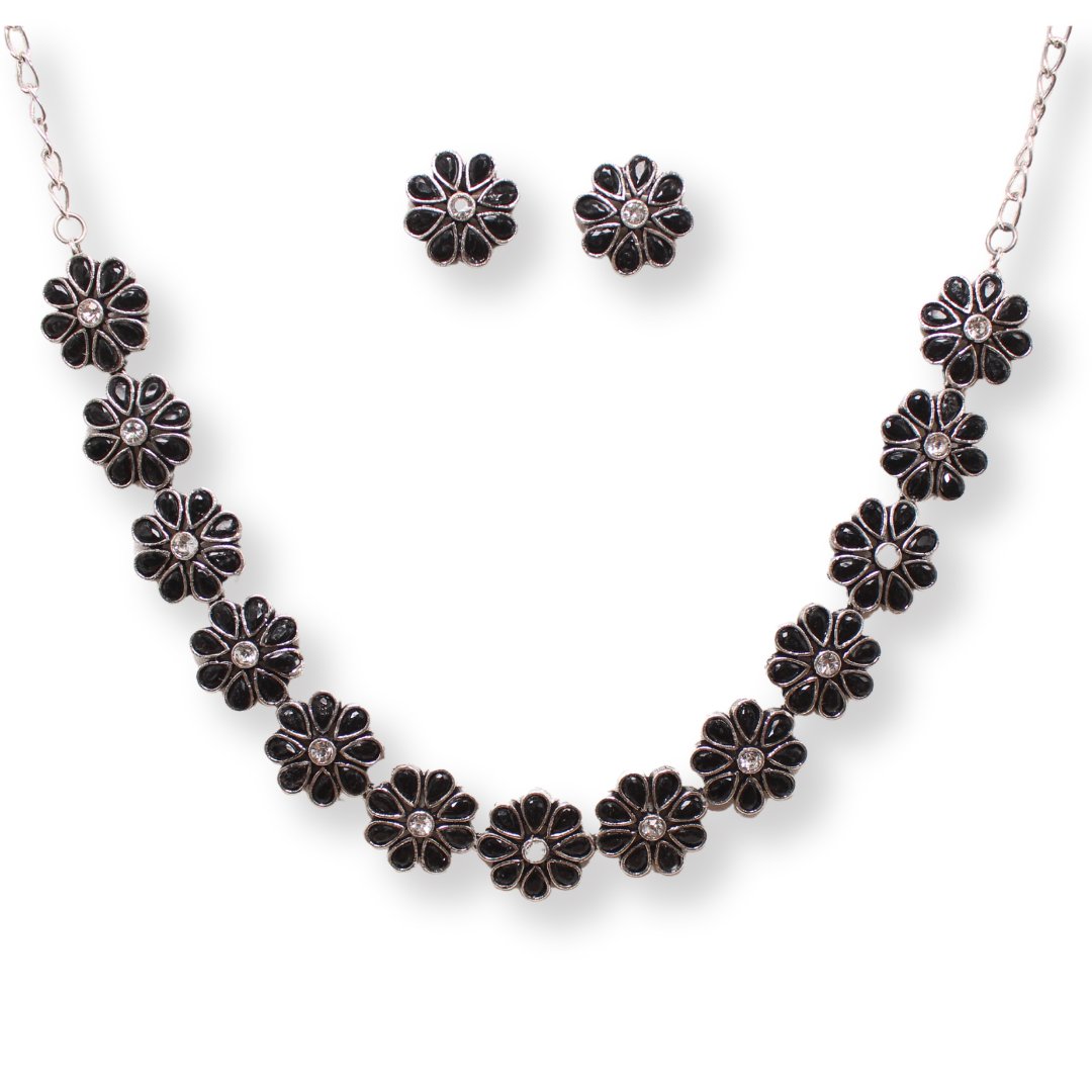 STONE FLOWER OXIDISED NECKLACE WITH MATCHING EARRINGS-BLACK -