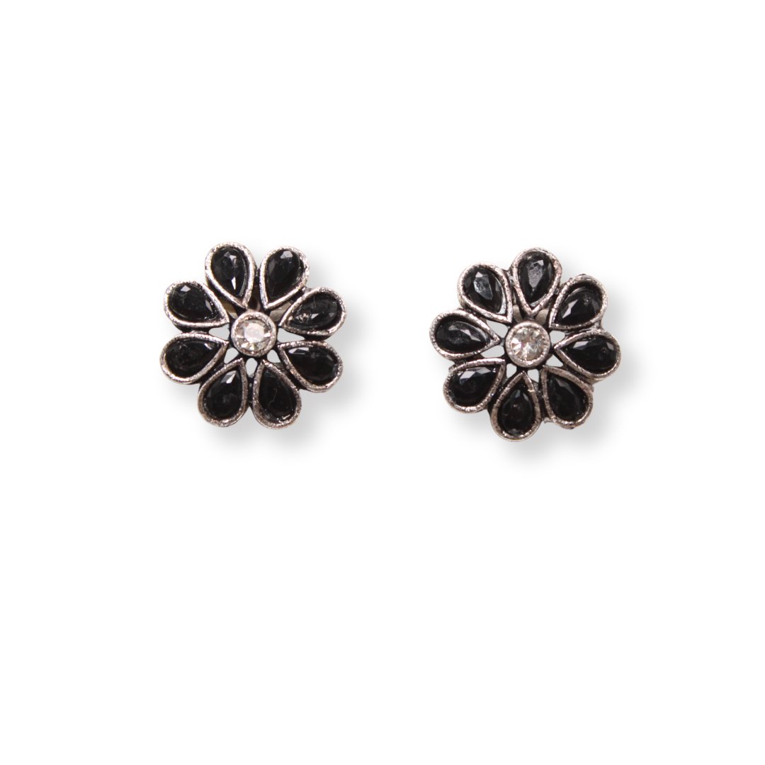 STONE FLOWER OXIDISED NECKLACE WITH MATCHING EARRINGS-BLACK -