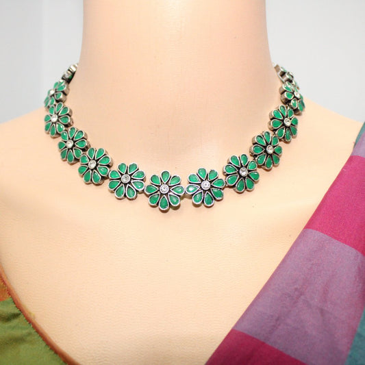 STONE FLOWER OXIDISED NECKLACE WITH MATCHING EARRINGS- GREEN -