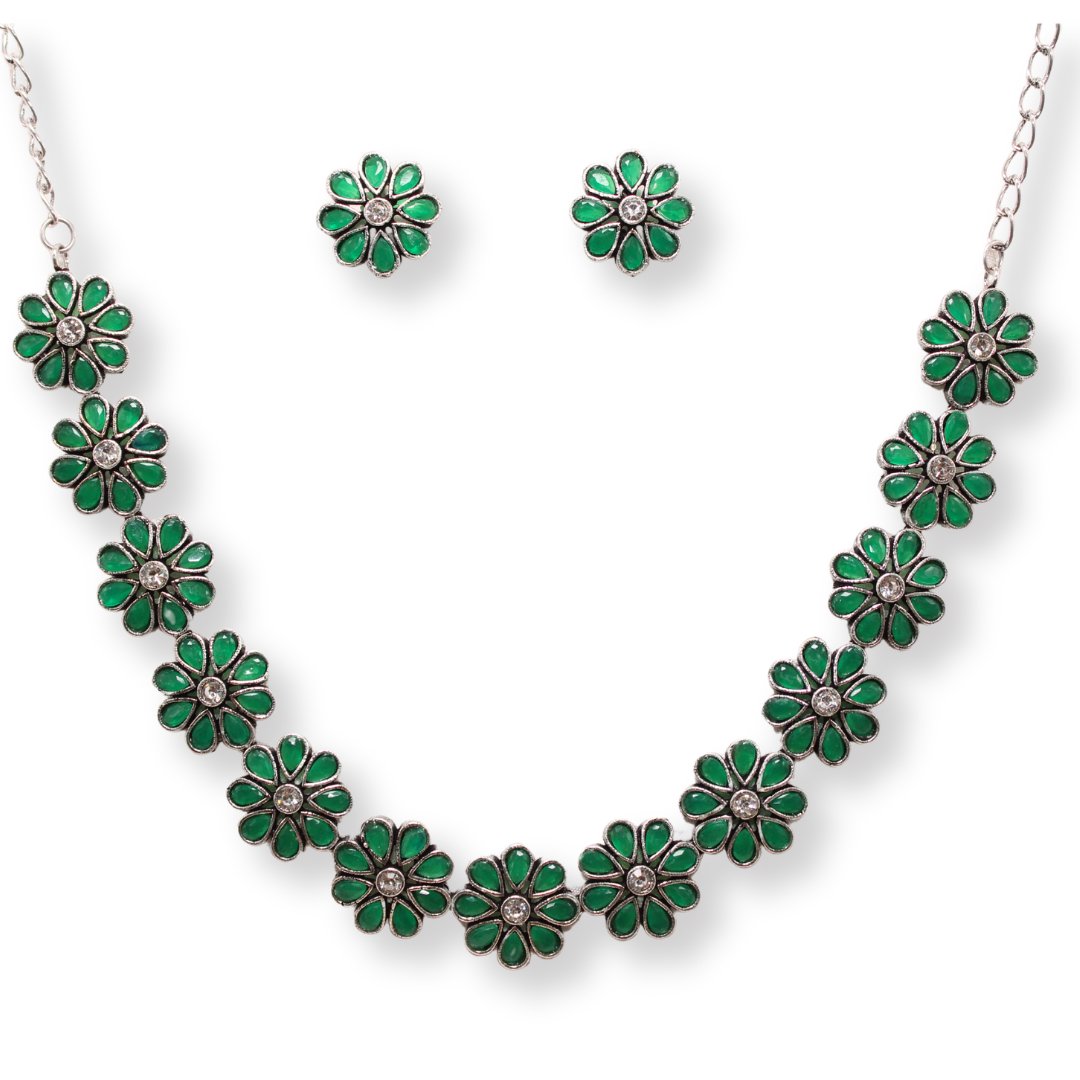 STONE FLOWER OXIDISED NECKLACE WITH MATCHING EARRINGS- GREEN -