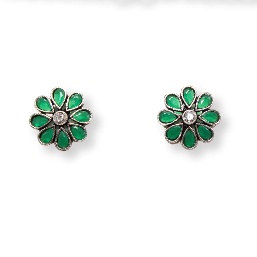 STONE FLOWER OXIDISED NECKLACE WITH MATCHING EARRINGS- GREEN -