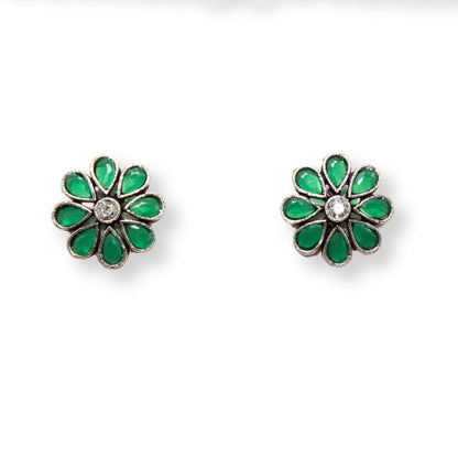 STONE FLOWER OXIDISED NECKLACE WITH MATCHING EARRINGS- GREEN -