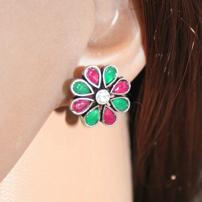 STONE FLOWER OXIDISED NECKLACE WITH MATCHING EARRINGS-MAROON & GREEN -