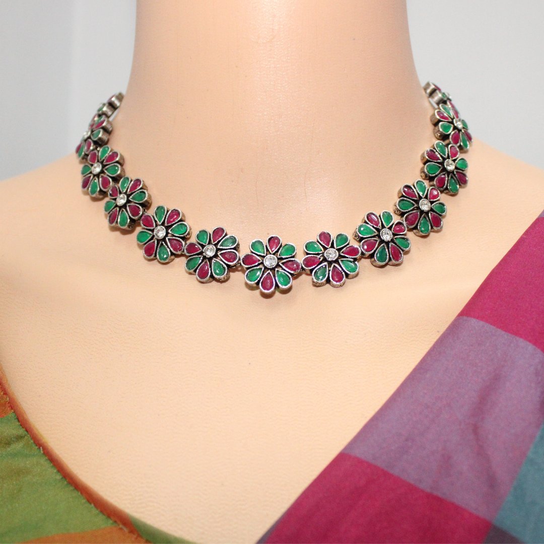 STONE FLOWER OXIDISED NECKLACE WITH MATCHING EARRINGS-MAROON & GREEN -