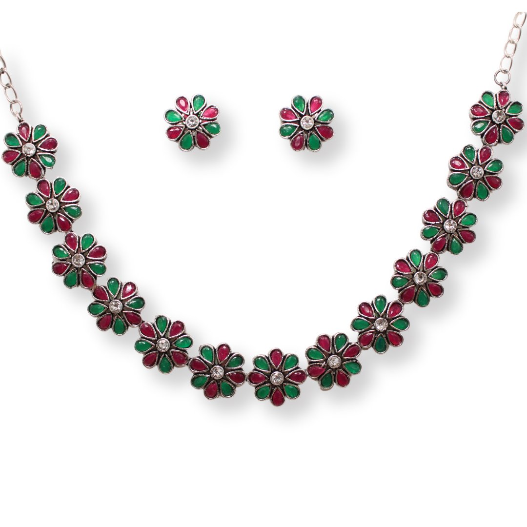 STONE FLOWER OXIDISED NECKLACE WITH MATCHING EARRINGS-MAROON & GREEN -