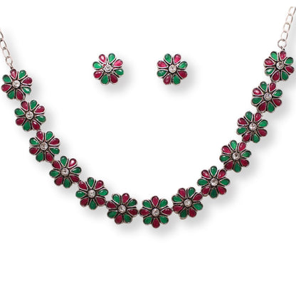 STONE FLOWER OXIDISED NECKLACE WITH MATCHING EARRINGS-MAROON & GREEN -