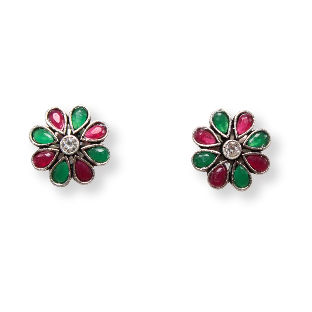 STONE FLOWER OXIDISED NECKLACE WITH MATCHING EARRINGS-MAROON & GREEN -