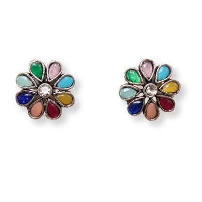 STONE FLOWER OXIDISED NECKLACE WITH MATCHING EARRINGS- MULTICOLOUR -