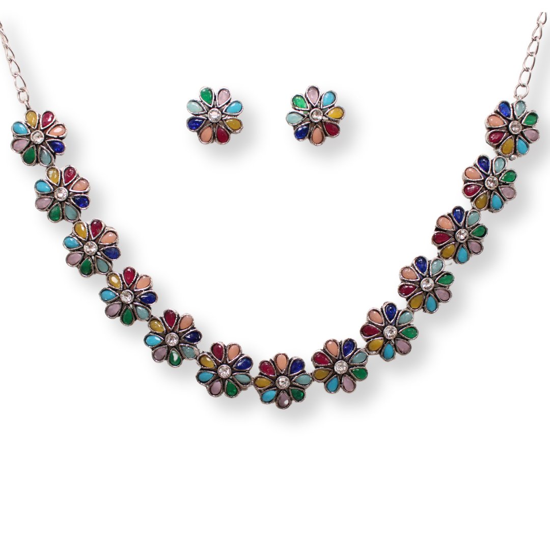 STONE FLOWER OXIDISED NECKLACE WITH MATCHING EARRINGS- MULTICOLOUR -