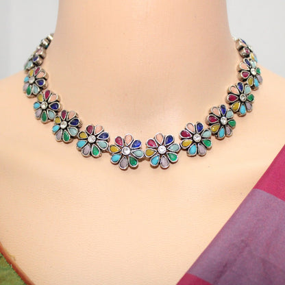 STONE FLOWER OXIDISED NECKLACE WITH MATCHING EARRINGS- MULTICOLOUR -