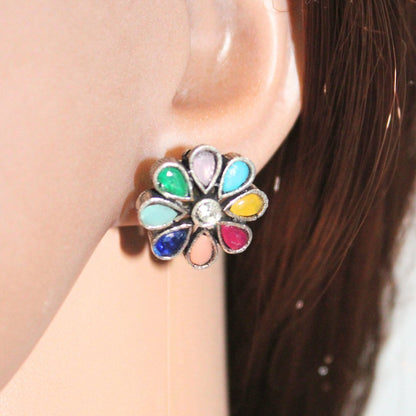 STONE FLOWER OXIDISED NECKLACE WITH MATCHING EARRINGS- MULTICOLOUR -