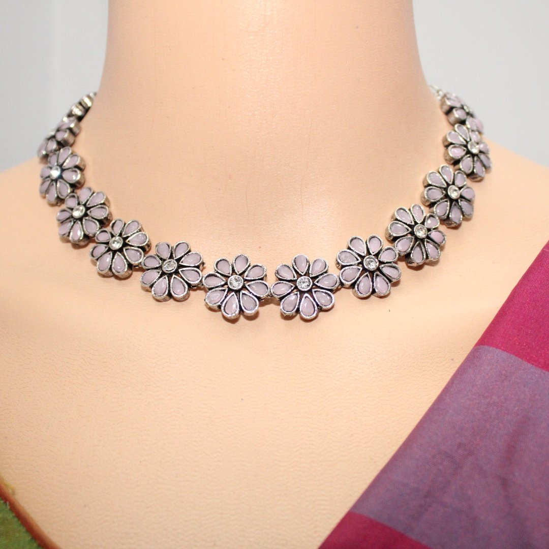 STONE FLOWER OXIDISED NECKLACE WITH MATCHING EARRINGS- PINK -