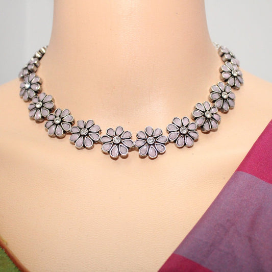 STONE FLOWER OXIDISED NECKLACE WITH MATCHING EARRINGS- PINK -