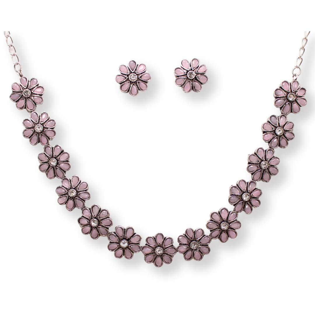 STONE FLOWER OXIDISED NECKLACE WITH MATCHING EARRINGS- PINK -