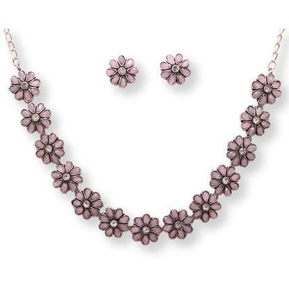 STONE FLOWER OXIDISED NECKLACE WITH MATCHING EARRINGS- PINK -